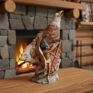 Native American Inspired Eagle Warrior‎ Sculpture, Hand-Painted Ceramic Figurine